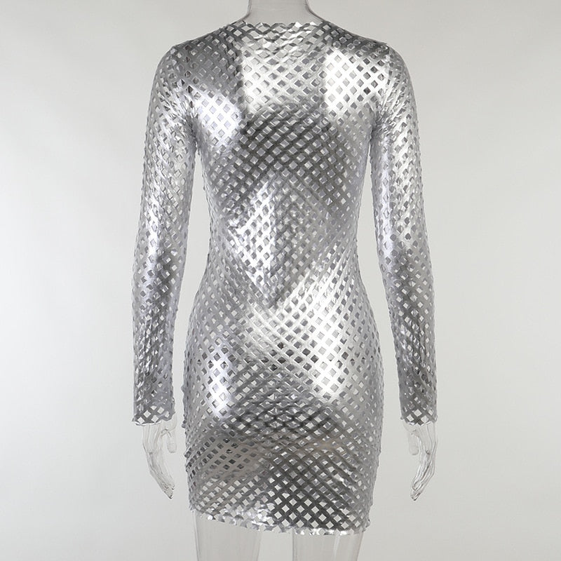 Silver Diamond Mesh Long Sleeve Mini Dress