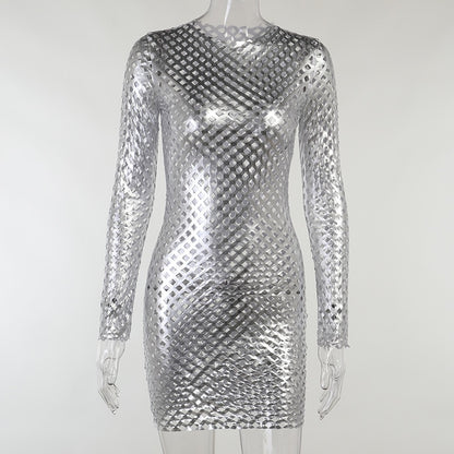 Silver Diamond Mesh Long Sleeve Mini Dress