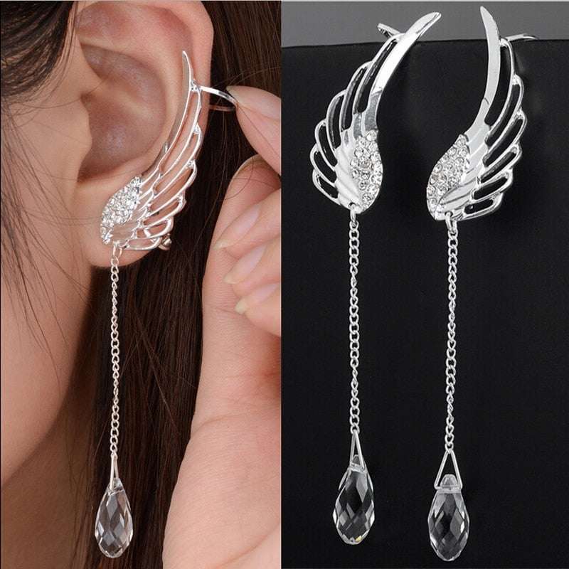 Silver Angel Wing Long Cuff Earrings
